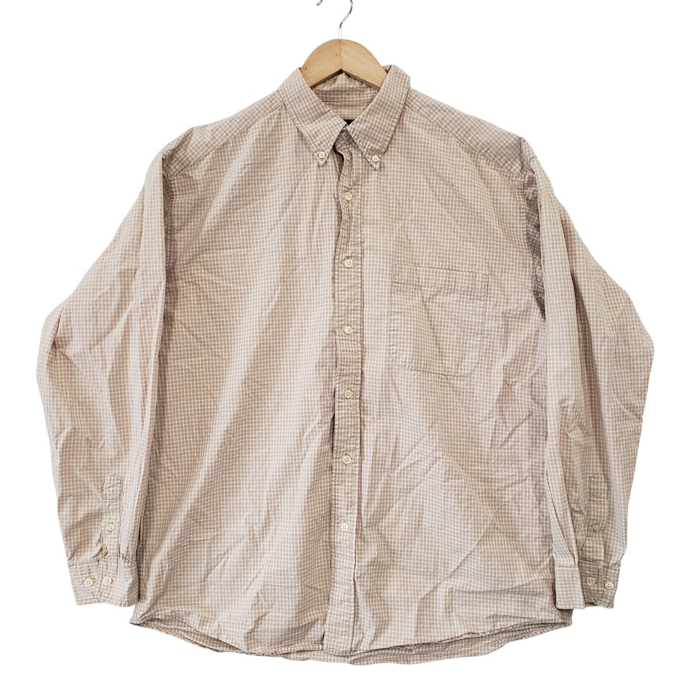 Eddie Bauer Button Down Shirt Mens Large Tan Micro Check Long Sleeve Cotton